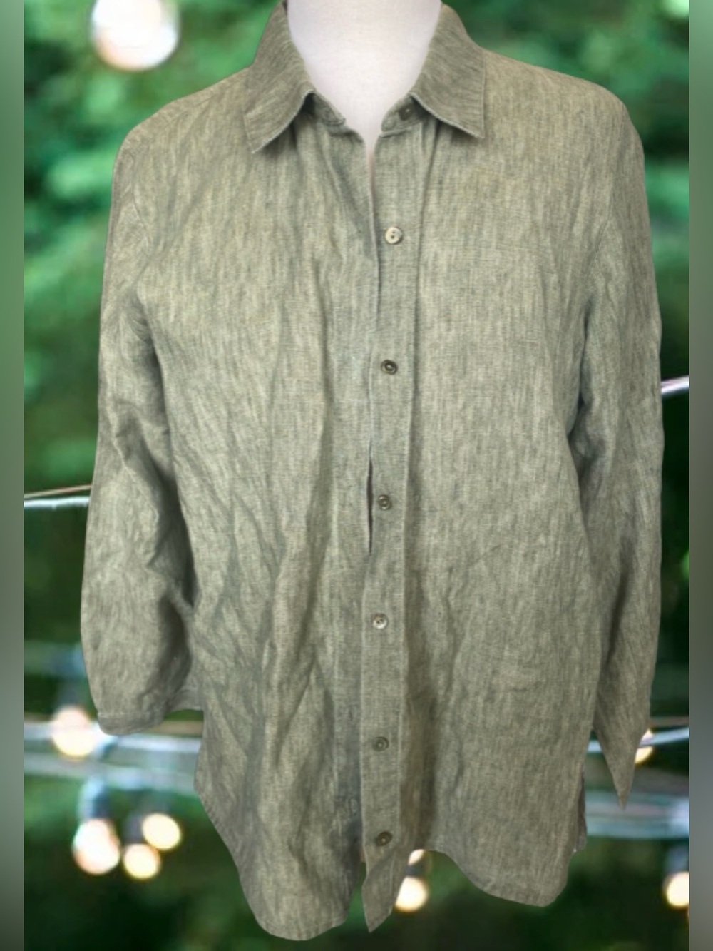Eileen Fisher lightweight linen button-front shirt olive green size md/lg